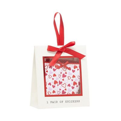 White and red heart print bikini briefs in a gift box